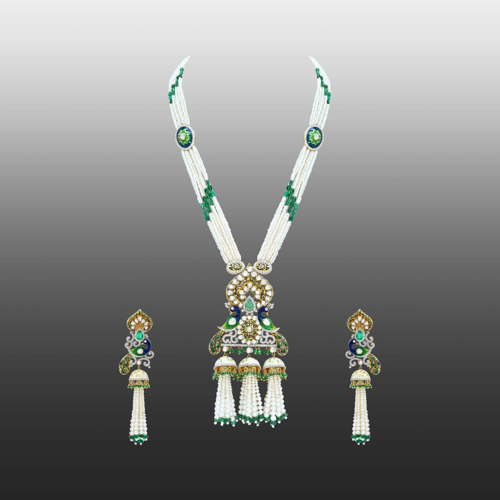 Pearl and Emerald Necklace Set with Polki and Peacock Motifs
